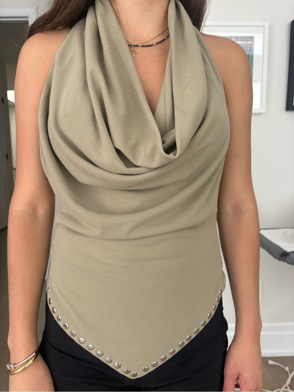 Zara Olive Green Drape Halter Tank Top with Studded Hem